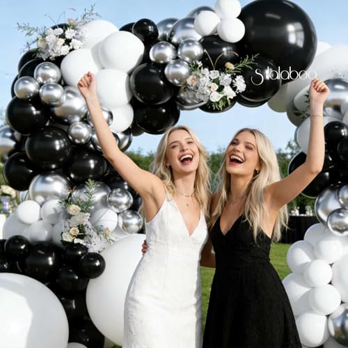 Image of Black and Silver Balloons Arch Kit 155Pcs 18 10 5 Inch | Black White Different Sizes Latex Metallic Silver Balloon Garland for Birthday Anniversary Graduation Party Decorations