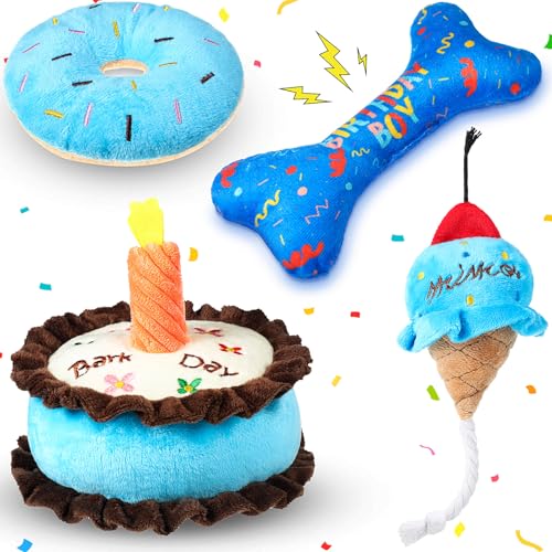 JellyArch 4 Pcs Dog Birthday Toys Set Squeaky Dog Birthday Party Gift Stuffed Chew Toys Puppy Girl Boy Squeak Gift for Small Medium Large Pet