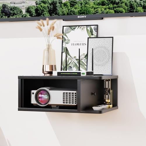 Image of Floating Projector Console, Black Projector Wall Shelf/Floating Under TV Game Console Stand for Router Shelf/Entertainment Center, with Magnetic Door& Cable Ties, 16.7" x 10.9" x 7.8"