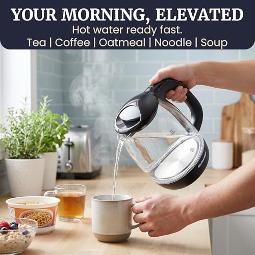 Image of Elite Gourmet EKT1792 1.7L Glass Electric Kettle, Blue LED, 7.2 Cups, Auto Shut-Off, Boil-Dry Protection, 360 Cordless Base, Rapid Boil, Hot Water for Tea Coffee Oatmeal