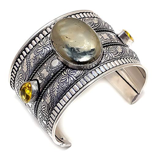 Lovers Point Apache Pyrite, Citrine Gemstone 925 Sterling Silver Cuff Bracelet Adst. AP-2053