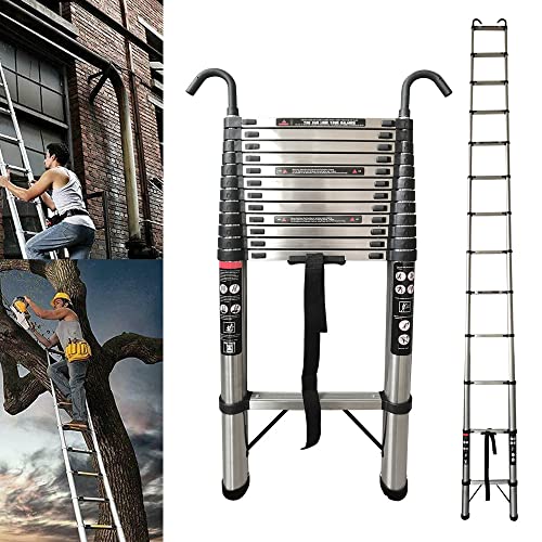 Telescopic Folding Ladder 5M Multi Purpose Collapsible Concertina Loft Ladders Heavy Duty Sturdy Stainless Steel Straight Ladder with Detachable Hooks for RV or Outdoor Work, 330lb Capacity
