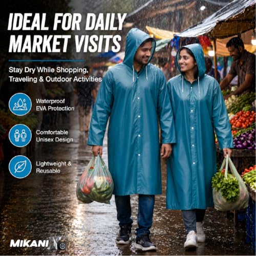 Image of MIKANIX Waterproof Hooded Raincoat for Men & Women | Full Length Reusable PVC Rain Wear | Lightweight Windproof Rain Jacket with Front Button Closure (Pack of 1)