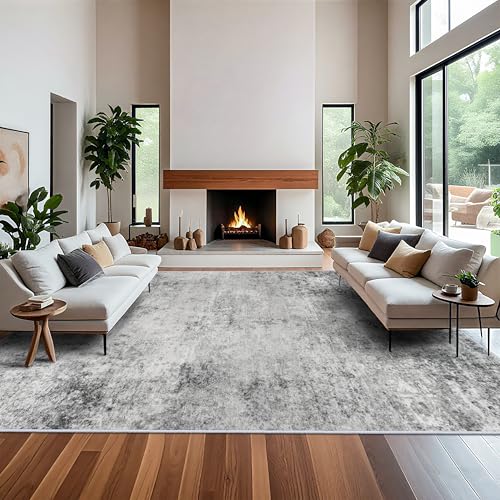 RUUGME Washable 12x15 Area Rug - Large Abstract Rugs for Living Room Low Pile Stain Resistant Indoor Carpet for Bedroom Dining Room Non Slip Rubber Backing Ultra Thin Soft Floor Decor Mat 12x15 Grey