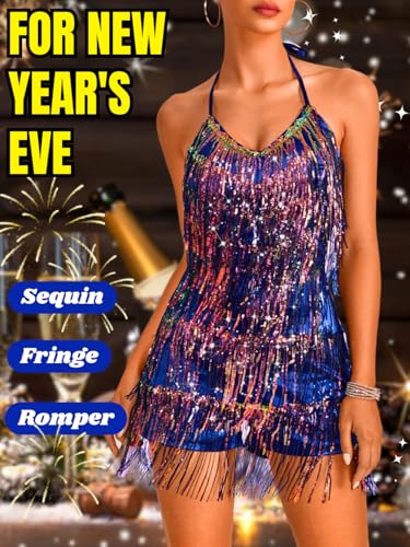 Image of Kaei&Shi Sequin Fringe Romper,Sparkly Glitter Metallic Jumpsuits For Women,Backless Shorts Dress Disco Birthday Dance Outfit