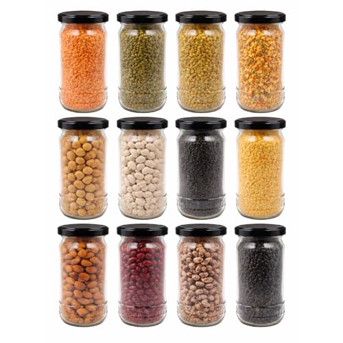 Image of Glassbunny 300 gm Transparent Glass Jar With Air Tight Black-Lid for Kitchen Dried Masala Storage, Honey, Spice Container, Visible Storage Pack of 12