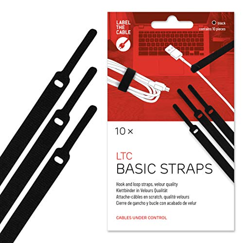 Label-The-Cable 1110 LTC BASIC STRAPS - Schwarz Cable Ties, Hook and Loop, Cord Organizer, Clamp, Wrap, Black, 17 cm, Set of 10 Pieces