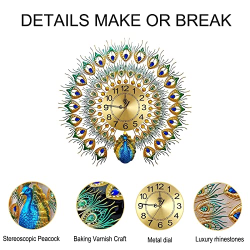 Image of Luxury Large Peacock Wall Clock 23.7 inch Non-Ticking Silent Crystal Creative Personality Modern Art Decorative Wall Clocks for Living Room Decor (Blue&Green-S)