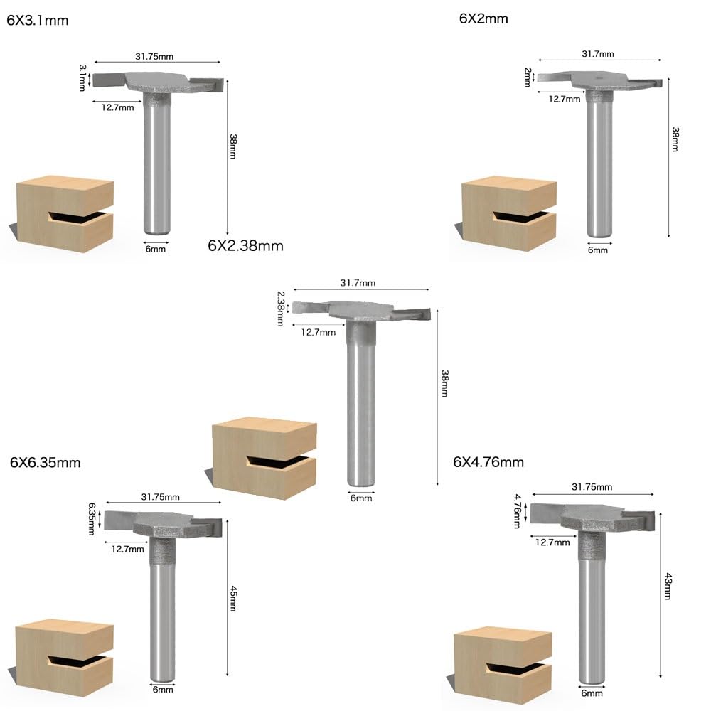 5-teilige Fräser-Bit-Sets, 6 mm/6,35 mm Schaft, klassischer T-Nuten-Fräser, C3-Hartmetall „T“-Typ, Keksverbindung, Schlitzfräser, Holzfräser for die Holzbearbeitung (Size : 6mm)