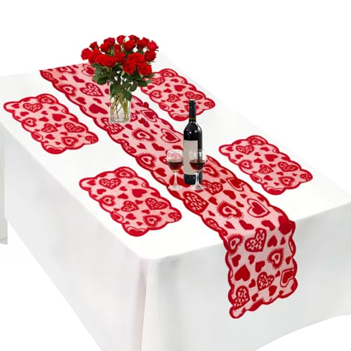 5Pack Valentines Day Decorations Valentine's Day Table Runner Red Heart Lace Table Runner for Valentines Day Decor Anniversary Engagement Wedding Home Table Romantic Decorations 13x72 Inch