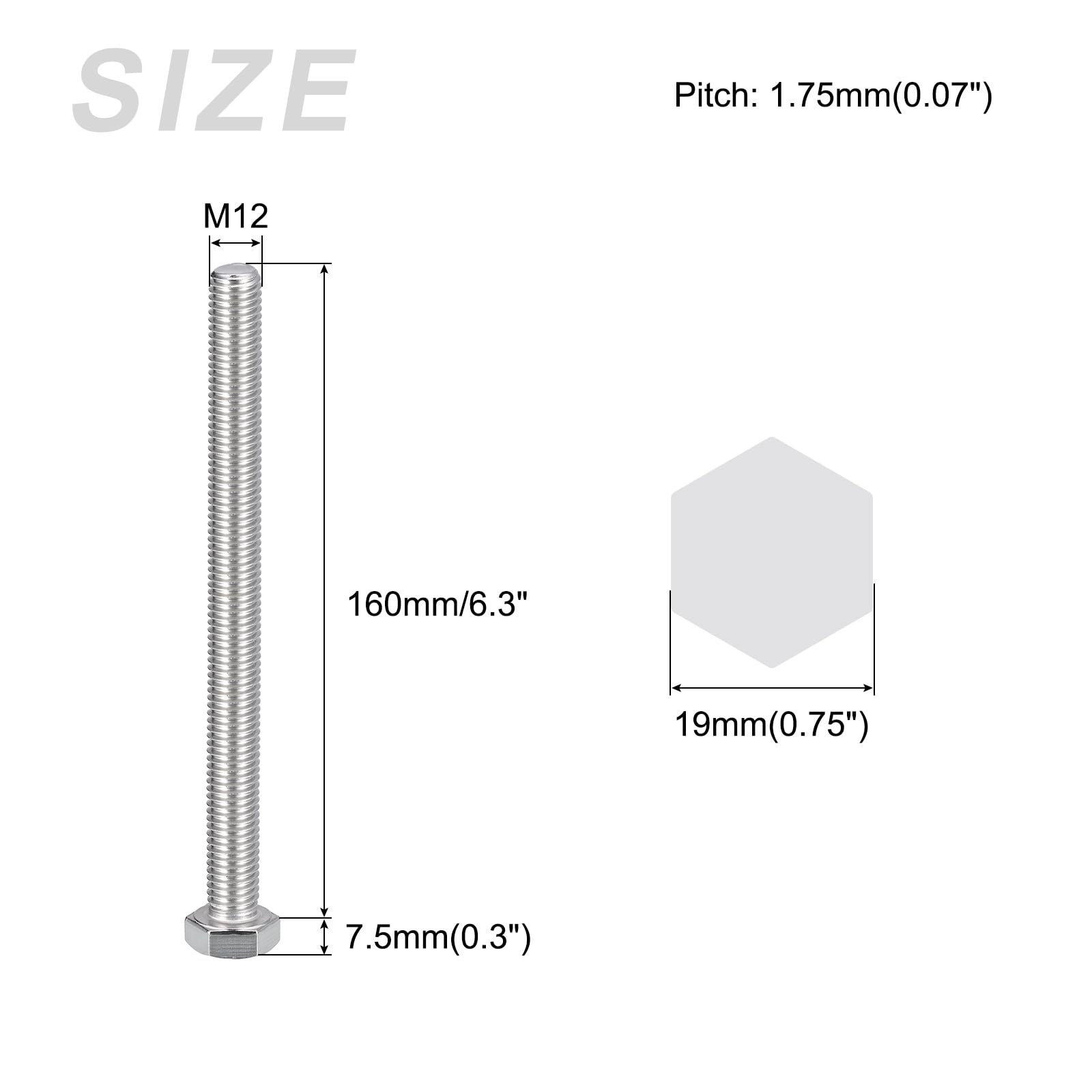 METALLIXITY Hex Bolts (M12-1.75x160mm) 2Pcs, 304 Stainless Steel Coarse Fully Threaded Hex Head Screw Bolt Machine Screws - Image 2