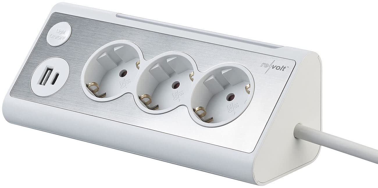 revolt Steckdosenleiste mit: 3-fach-Steckdose mit Nachtlicht, 1x USB A QC, 1x USB C PD, weiß 2er-Se (Steckdosenleiste Eckmontage, mit Buchse, Kabel)