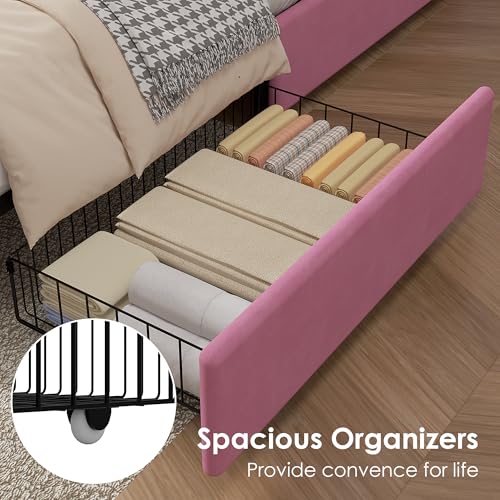 Image of VECELO Full Size Upholstered Bed Frame with 4 Storage Drawers, Adjustable Velvet Rivet Decor Headboard, Wooden Slats Platform Support, No Box Spring Needed, Easy Assembly,Pink