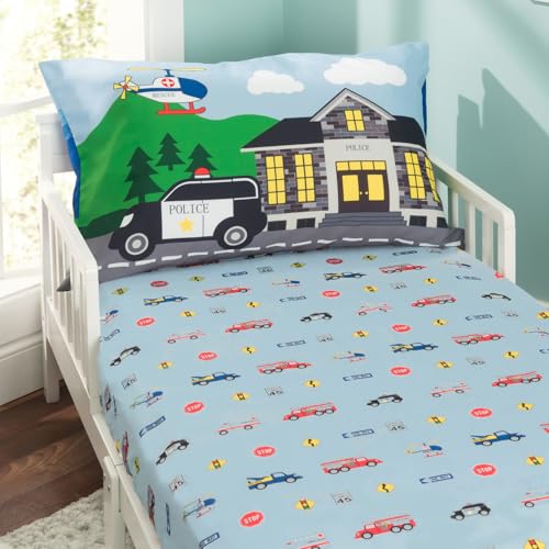 Image of EVERYDAY KIDS 4 Piece Toddler Bedding Set -Fire and Police Rescue- Includes Comforter, Flat Sheet, Fitted Sheet and Reversible Pillowcase