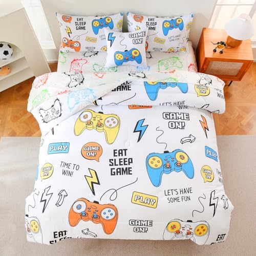 Image of 6 Pcs Bed in A Bag Gaming Full Size Comforter Sets for Boys,Gamer Bedding Set,Game Console Full Comforter Set with Sheets for Kids Teens