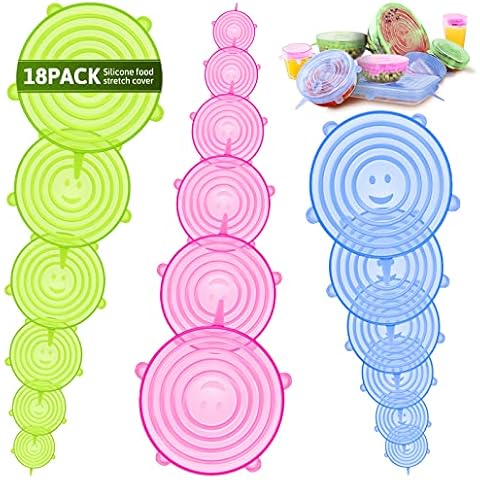 BFONS 18 Pack Silicone Stretch Lids, 6 Different Sizes Silicone Lids 100% Safe Food Grade Silicone to Meet Most Container, Microwave Cover for Food Storage, Silicone Can Cover, Silicone Bowl Covers Cover