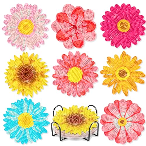 Image of Leatrice 8PCS Flower Diamond Art Coasters Small Diamond Painting Kits for Adults Beginners Women Gem Art Coasters with Holder Funny DIY Crafts for Home Decor