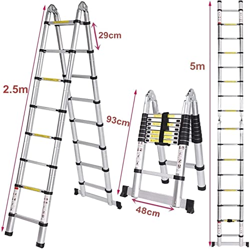 COOCHEER 5M Aluminium Telescopic Ladder, 2-in-1 Folding Ladder, 16 Rungs, 150 kg Load Capacity, Suitable for Indoor and Outdoor Use 2 COOCHEER 5M Aluminium Telescopic Ladder, 2-in-1 Folding Ladder, 16 Rungs, 150 kg Load Capacity, Suitable for Indoor and Outdoor Use - Image 2