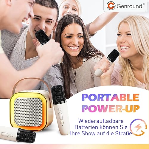 Genround Karaoke Maschine mit 2 Mikrofonen, Bluetooth Lautsprecher mit Gesangsentferner, 3 LED-Lichtmodi, Sprachwechse, Bluetooth Mikrofon für Kinder Erwachsene, Jungen Mädchen Geschenke (Beige)