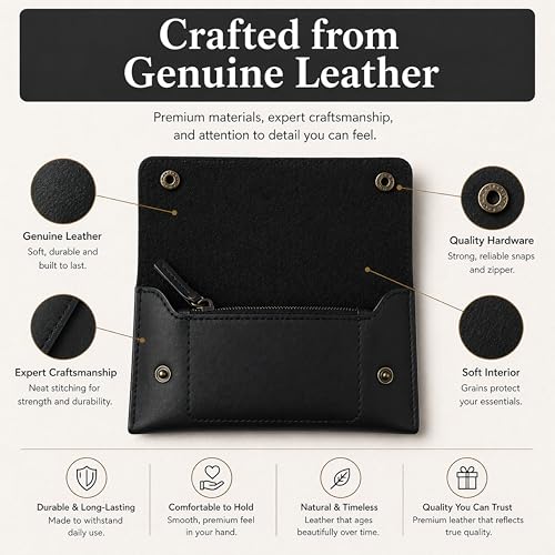Image of Leather Currency Pouch - Handmade Cash Organizer with Double Button Closure & Zipper Pocket, Compact Money Holder for Travel & Everyday Use, 4 x 8 Inch (Black)
