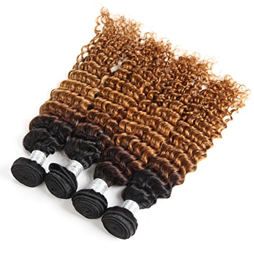 XYHair Ombre Deep Wave Bundles 100% unprocessed Hair Extensions 4 Bundles Brazilian Virgin Ombre Deep Curly Human Hair (18182020,1B/30)
