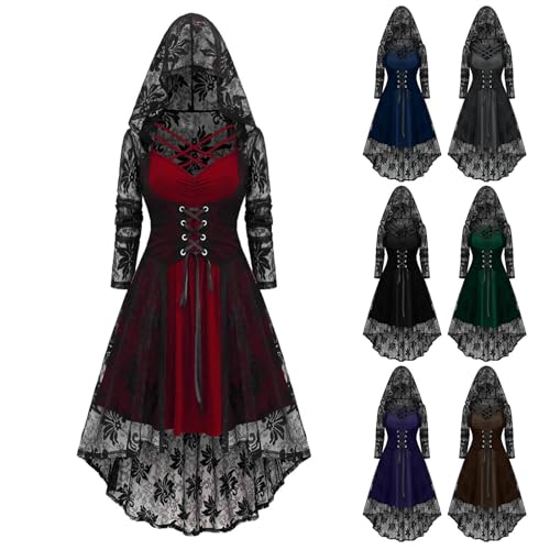 Damen Gothic Halloween Kleid Kostüm Karneval Kleider Für Frauen Festliches Renaissance Vintage Hexenkleid Party Dress Einfarbiges Langärmeliges Elegant Festliches Kleid Mit Spitzenband Und Kapuze