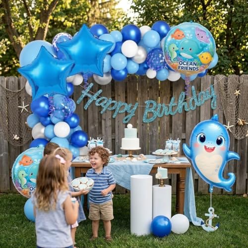 Image of Rozi Decoration Shark Theme Happy Birthday Blue Decoration Items Set of 56 Pcs