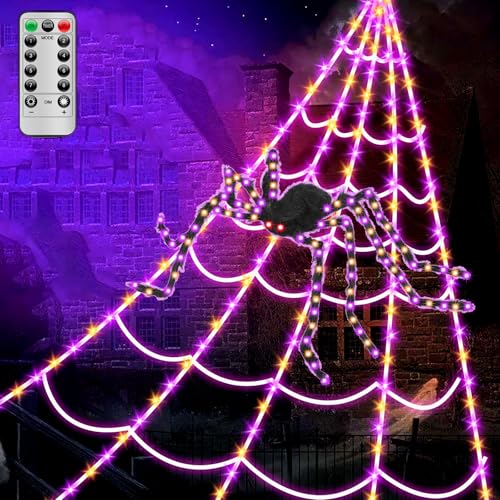 LCHUANG Spider Webs Halloween Decorations Lights - 250 LEDs Outdoor Halloween String Lights with 60 Light Up Spider 8 Modes Remote Control 16.4Ft Spiderweb Waterproof (Orange+Purple)
