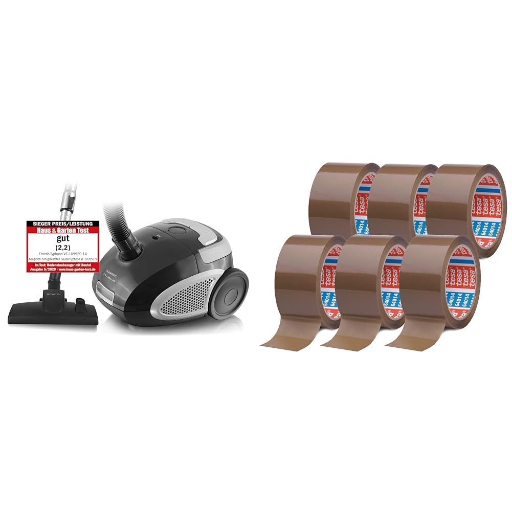 Emerio VE-109959.14 & tesa Pack 64014 im 6er Pack - Geräuscharmes Paketklebeband zum Verpacken von Paketen und Versandschachteln - braun - 6 Rollen je 66 m