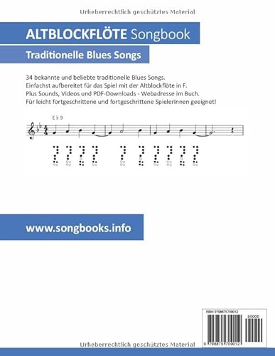 Altblockflöte Songbook - 34 traditionelle Blues Songs für Altblockflöte in F: + Sounds online
