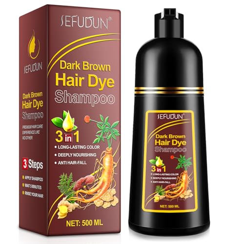 Dark Brown Hair Dye Shampoo for Gray and Beard - 100% Grey Coverage, Instant Colour for Women Men, Herbal Ingredients, Black Coloring in Minutes 500ML