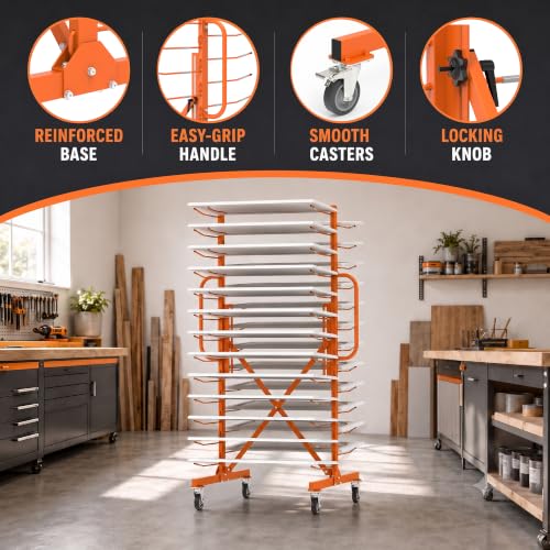 Image of MOOFI 25-Tier Paint Drying Rack with 50 Rods, Expandable Metal Cabinet Door Drying Rack with 5 Inch Locking Casters, Rolling Art Drying Rack for Workshop, Spray Booth, Garage