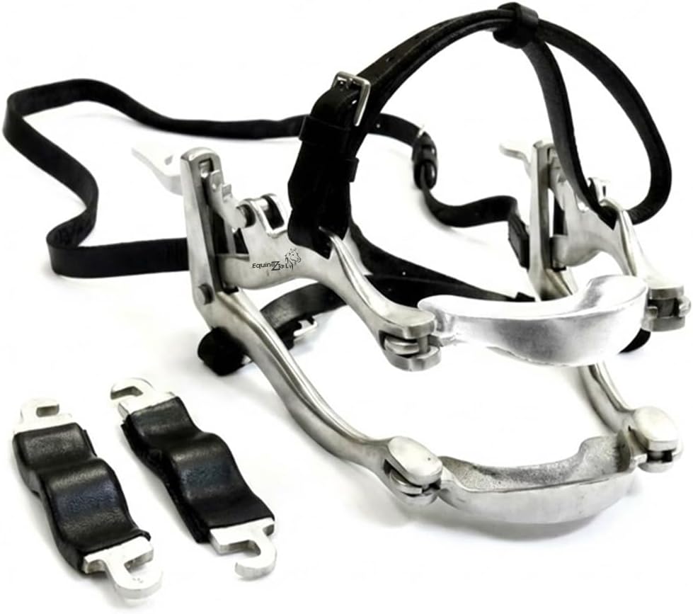 Equine Dental Speculum McPherson Style โ Stainless Steel Horse Mouth Gag with Adjustable Leather Straps | Veterinary Dental Instrument for Equine Oral Examination & Treatment