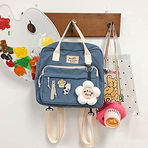 Kawaii Canvas School Backpack with Pendant, Laptop Shoulders Bag, Back to School Off to College Supplies (Blue)4