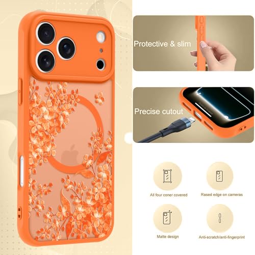 LSL Case for iPhone 17 Pro 6.3 Inch Compatible with Magsafe Orange Floral Flowers Translucent Matte Shockproof Protective Slim Silicone Magnetic Case for Women Girls, Gardenia by LSL - Image 6