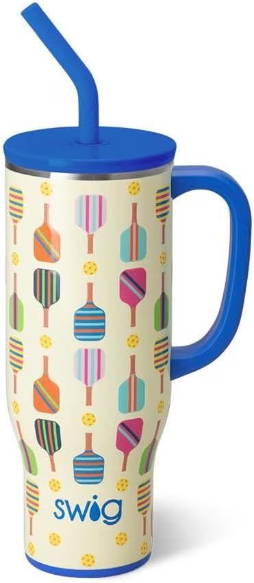 Swig Life 30oz Mega Mug, 30 oz Tumbler with Handle and Straw, Cup Holder Friendly, Dishwasher Safe, Extra Large Insulated Tumbler, Stainless Steel Water Bottle (Pickleball)