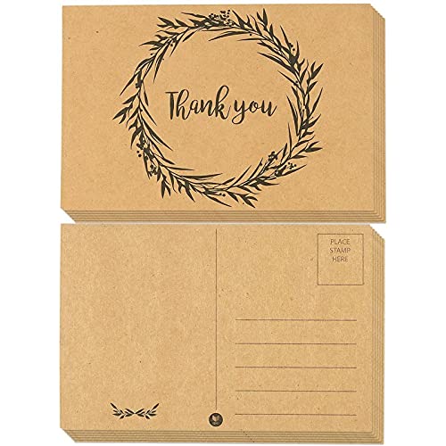 60-Pack Thank You Postcards - Kraft Paper - All Occasion Post Cards with Mailing Side- Flower Wreath Design - 4 x 6 Inches