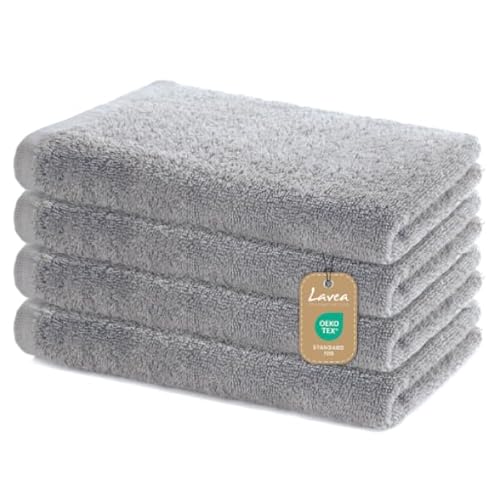 Lavea® Juego de 4 Toallas de Mano 40×70 cm – Toallas de Baño de Algodón 100% Suaves y Absorbentes, Certificado Oeko-Tex, Lavables a 60 °C, para Baño, Invitados y Gimnasio – Plata
