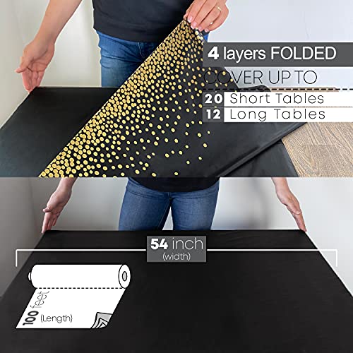 Neatiffy 54 In X 100 Ft - Disposable Plastic Table Cloth Roll With Slide Cutter | Waterproof Cover For Rectangle, Square, Oval Tables | Picnic, Party, Banquet, Birthdays, Weddings - Black Golden Dot #TOP3