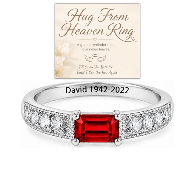 Personalized Hug From Heaven Birthstone Memorial Ring Custom Engraved Name Birthstone Rings for Women Custom Name Date Loss Of Husband Mom Dad Love Sympathy Gift for Loss Of Loved One (Silver 7)