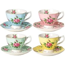 BTaT- Floral Tea Cups and Saucers, Set of 4, 8 oz, Fine Porcelain Teacup Set with Gold Trim for Afternoon Tea, Weddings, Parties & Gifting, Dishwasher Safe, Lightweight, Non-Toxic