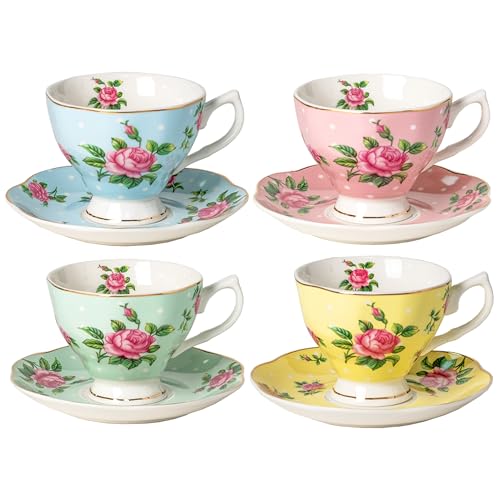 BTaT- Floral Tea Cups and Saucers, Set of 4, 8