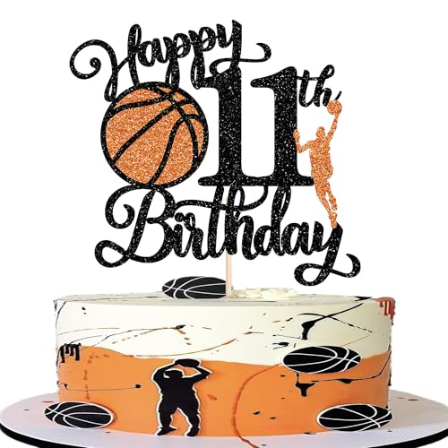 Xsstarmi 1 paquete de decoración para tarta de cumpleaños número 11 con purpurina negra para decoración de pastel de baloncesto y deportes, decoración de pastel para fiesta de cumpleaños temática de