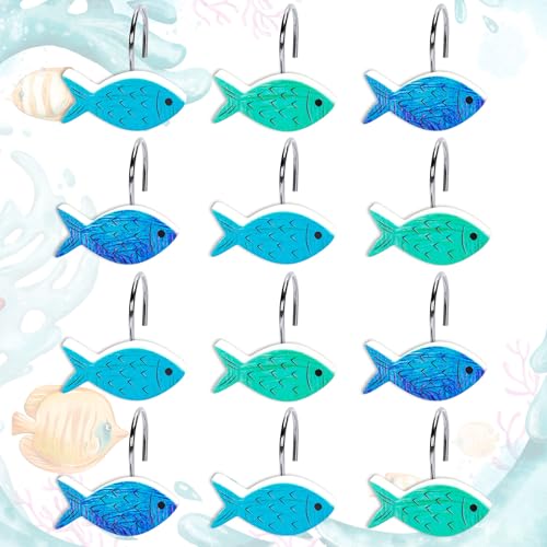 Whaline 12Pcs Fish Shower Curtain Hooks Decorative Shower Rod Rings Summer Ocean Resin Curtain Hanger Hooks for Living Room Bedroom Bathroom Decor