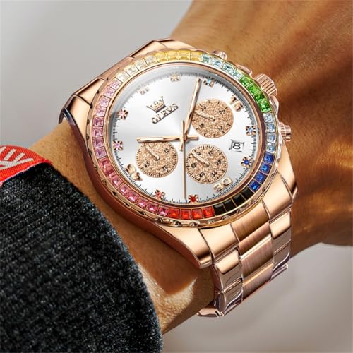 Image of OLEVS Watch for Men Luxury Gold Diamond Chronograph Business Wristwatch with Analog Quartz, Date Calendar, Stainless Steel Band, Luminous Hands, Waterproof
