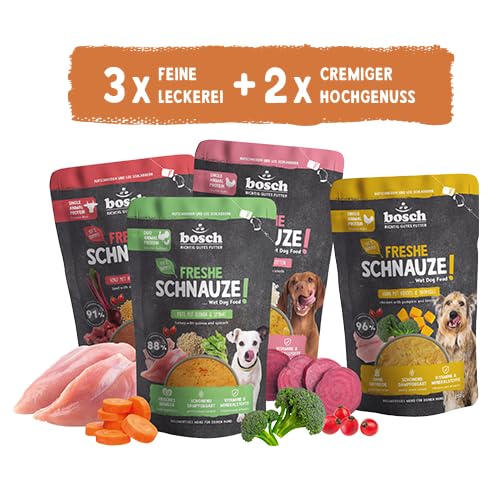 Bosch Freshe Schnauze, Aktionspaket Nassfutter 5 x 250 g, Schonend Dampfgegartes Alleinfuttermittel für Hunde, Geschmacksrichtungen: Rind, Huhn und Pute, Probierpaket, Nassfutter für Hunde