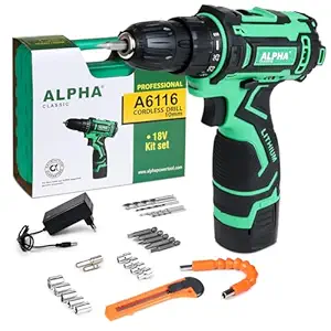 Alpha Cordless Drill Machine 18v Electric Power Screw Driver Drill Set Tool Box With 18v 2 Battery & Charger | 2-Speed | 0-1300 RPM | 1-10Mm | 3/8 Keyless Chuck | 25 Level Torque | A-6116 | Green