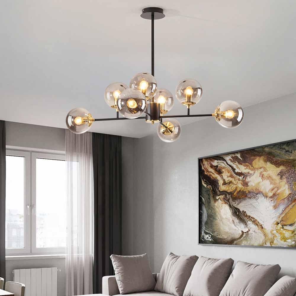 Lampadario a Sfera in Vetro Mid-Century Illuminazione a Sospensione a soffitto in Vetro Multiplo Lampadario in Metallo Nero ad Altezza Regolabile per Soggiorno, Sala da Pranzo, Camera da Let