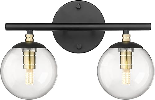 LMS LMS-173 - Lámpara de baño con 2 luces, acabado negro y dorado de latón con cristal de globo transparente, LMS-173