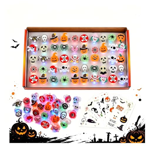 Ynipanda Halloween LED Rings For Kids 60 Pcs 3D Light Up Rings Bulk Toys Halloween Party Favors for Kids & Adults 50 LED Flashing Rings & 10 Luminous Tattoos Glow In The Dark Party Supplies